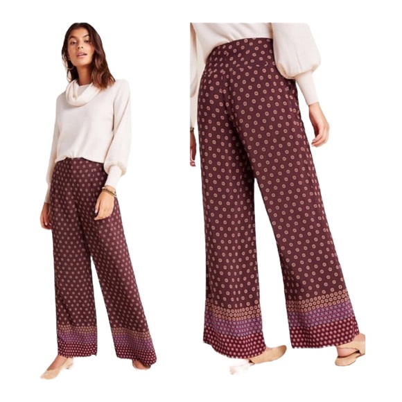 Anthropologie Pants - Anthropologie Boho Maroon Wine Color Geometric Print Marsden Wide-Leg Pants